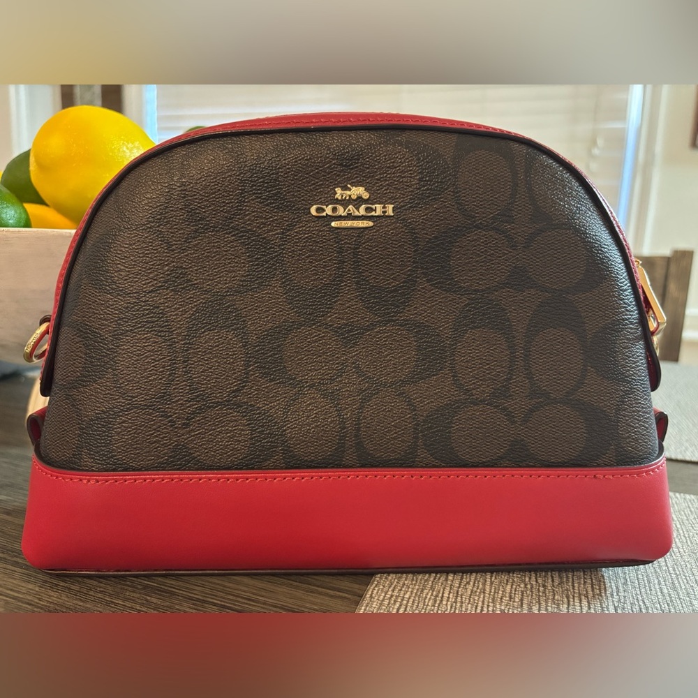 COACH Signature Brown and Red Dome Crossbody